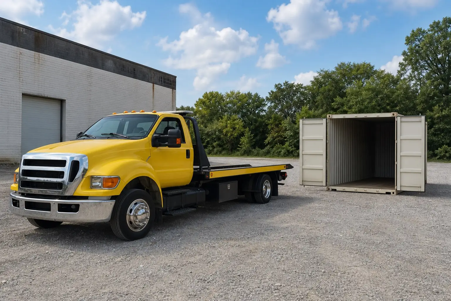 Auto Atlas rollback truck arriving to pick up an empty 20-foot shipping container