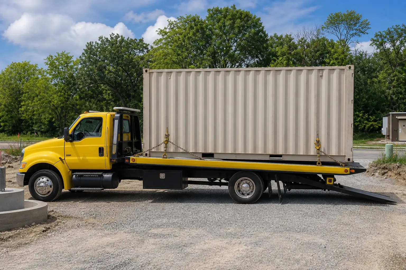 Empty 20-foot shipping container being loaded and secured on an Auto Atlas transport truck