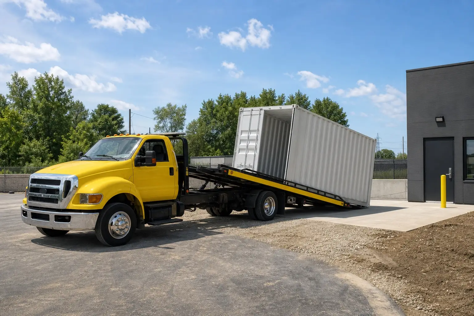 Auto Atlas truck delivering and positioning an empty 20-foot shipping container